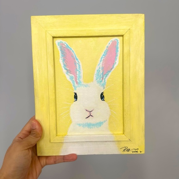 Hand Painted Bunny Wall Art, Acrylic Painting Rabbit on Wood Frame - Picture 1 of 8